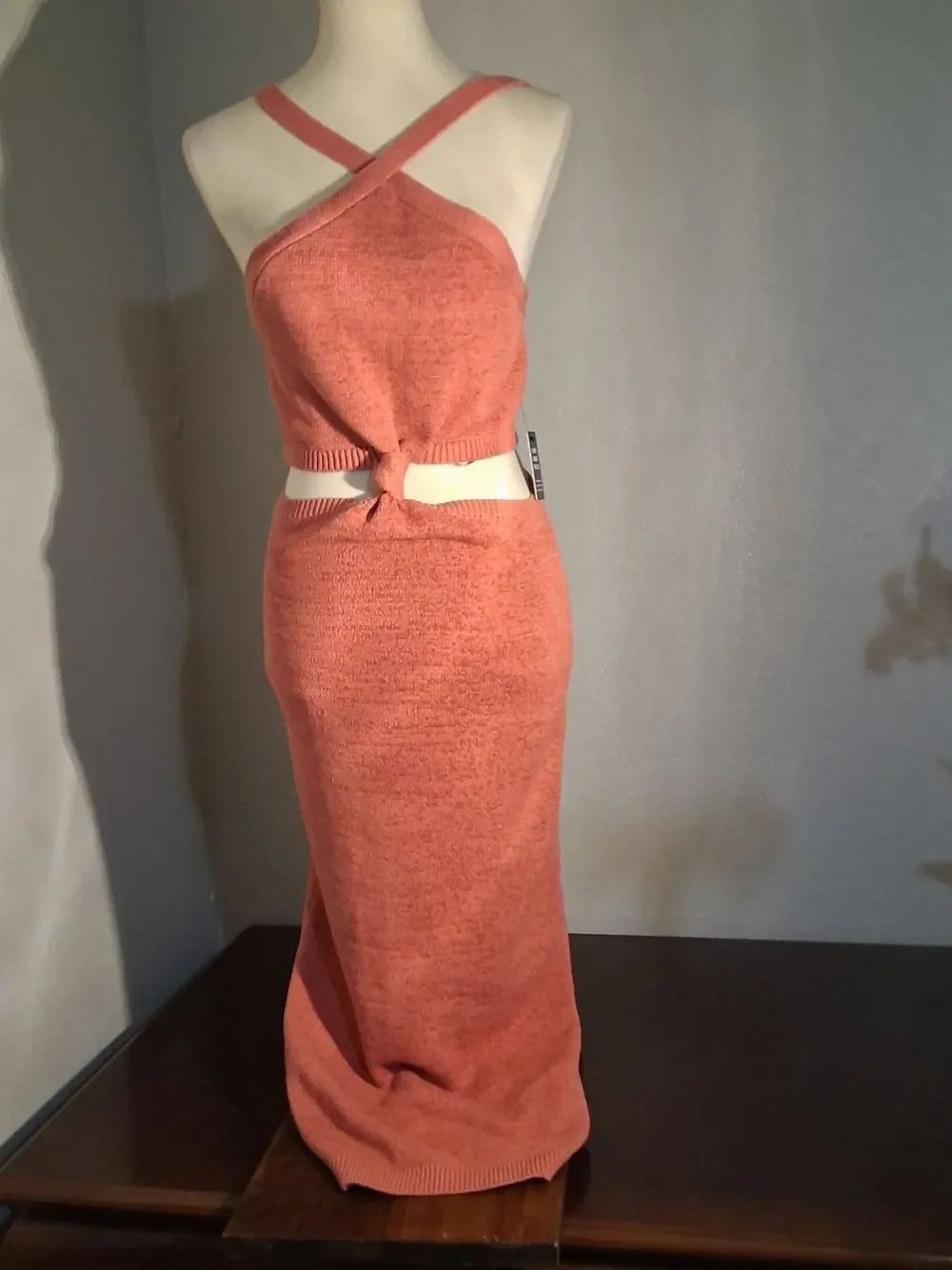 Express Coral Knit Midi Dress with Crisscross Halter Size M